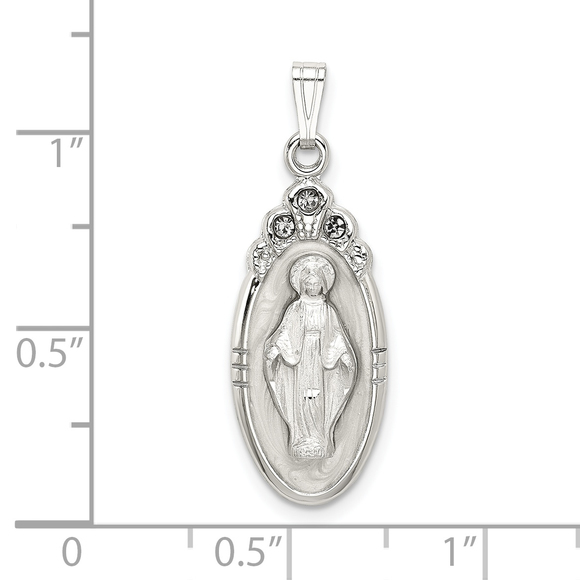 Sterling Silver White Epoxy and Crystal Miraculous Medal Pendant - Picture 4 of 4